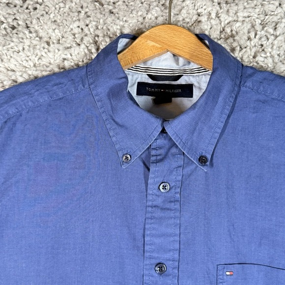 Tommy Hilfiger 100% Cotton Full Button Up Pocket Dress Work Shirt Blue Large - Picture 3 of 13